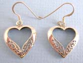 ish hook heart shape frame earring with filigree  and sterling silver inlaid